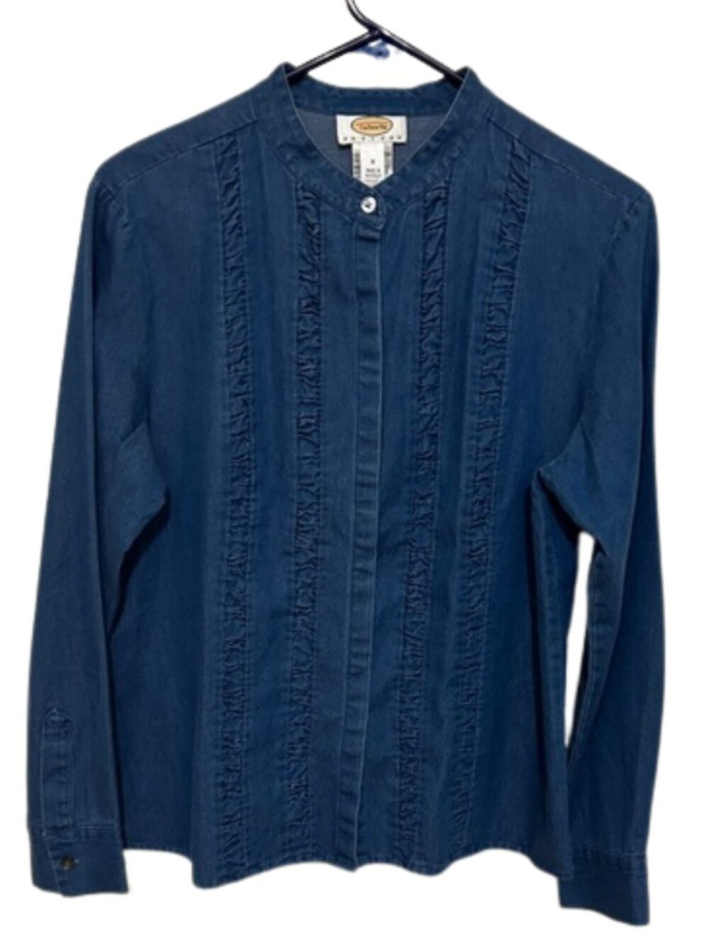 Talbots Denim-Style Ruffle Front Button Shirt Chambray Dark Wash Petite Medium